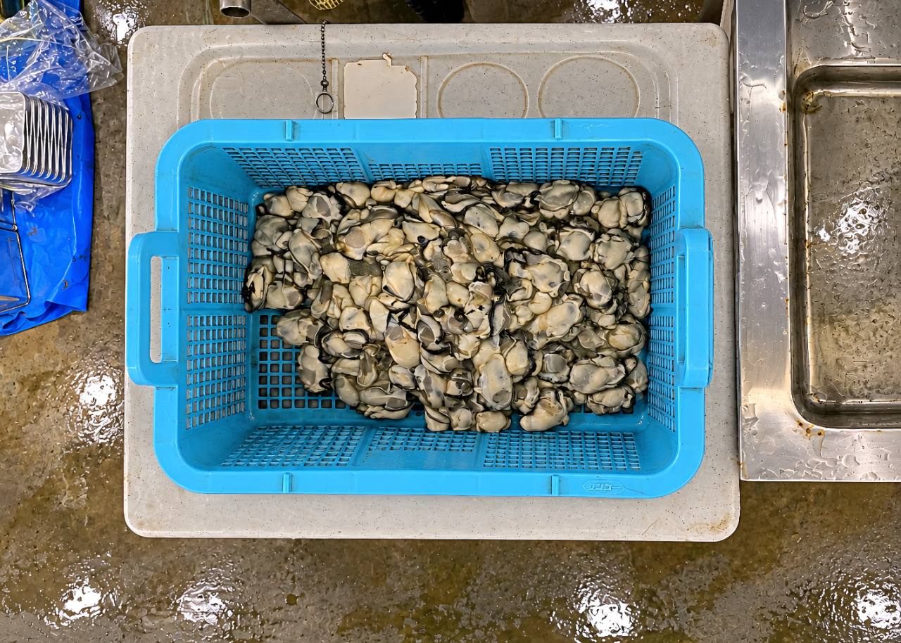 ザルに入ったむき身牡蠣の参考写真
